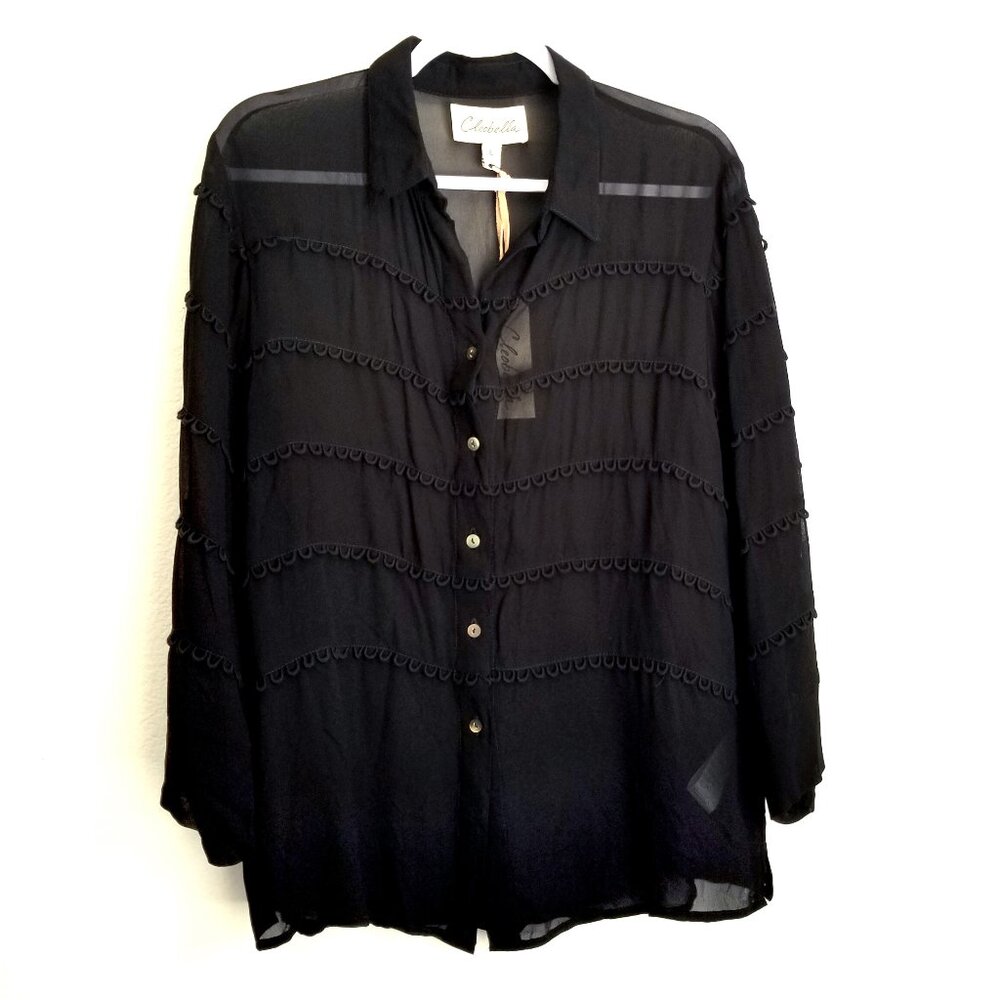 NWT Cleobella Autumn Blouse Jet Black Semi Sheer Size Large Tiered Trim High End